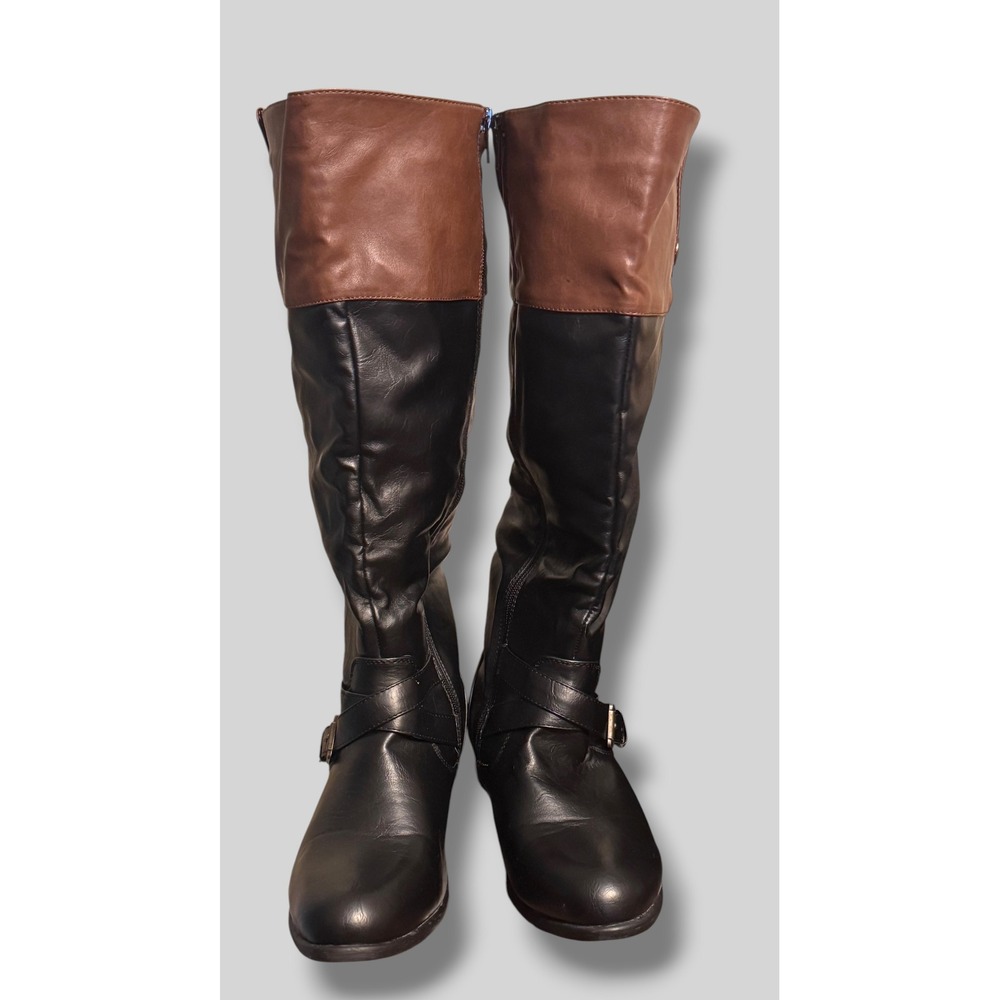 Avenue Lacey Knee High Boots Womens 10WW Black Brown Riding 0115 Autumn Two Tone